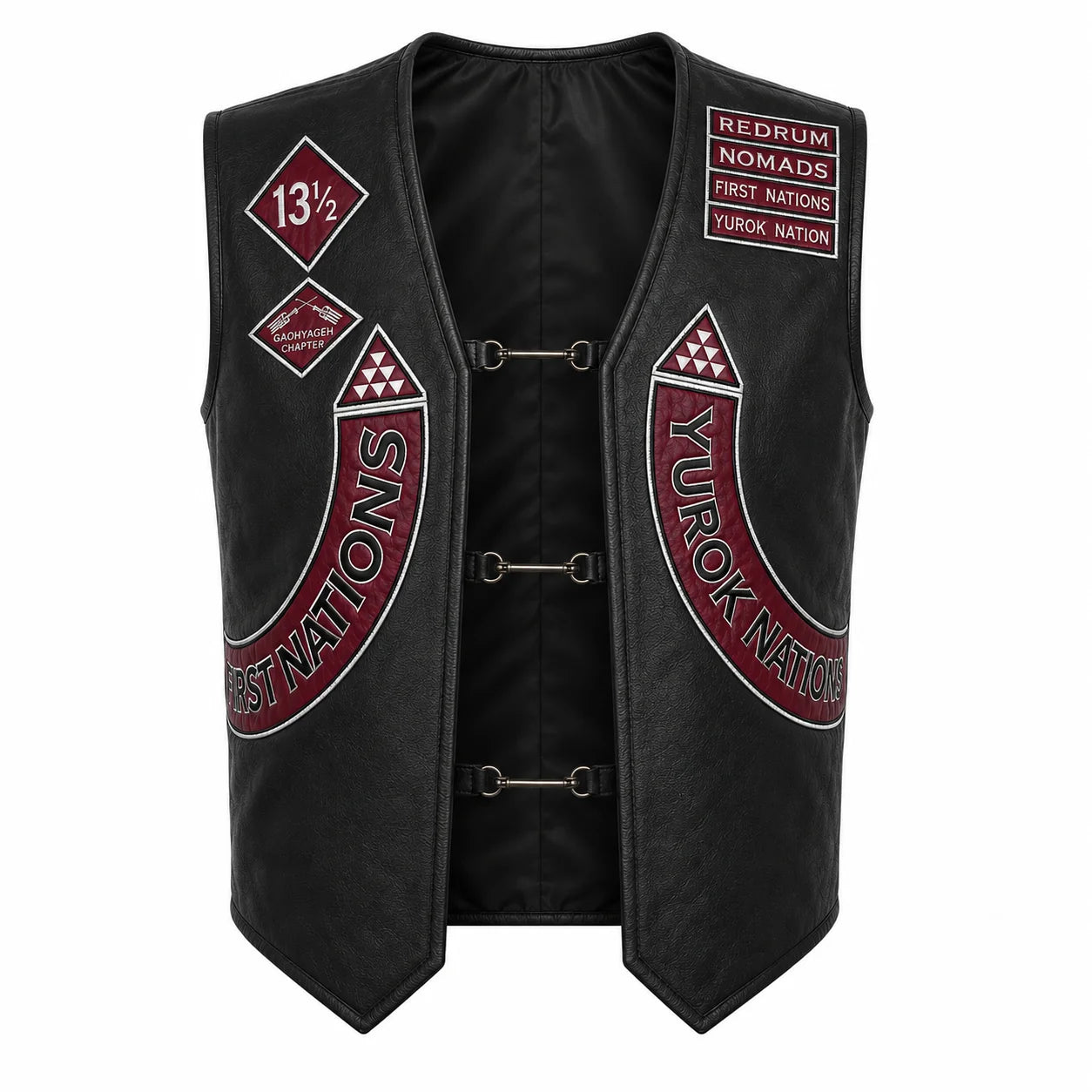 Jason Momoa vest black leather biker vest with red and white embroidered patches, featuring the words '13/4' and 'REDRUM NOMADS FIRST NATIONS TURK NATION' on a plain white background.