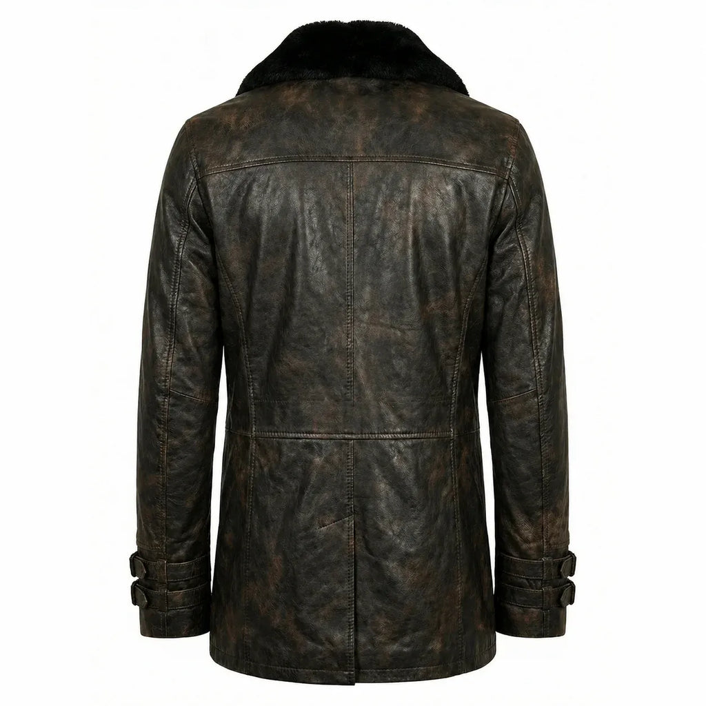 Leveljacket Leon S. Kennedy Black Leather Jacket — RE 9 Inspired Handcrafted Shearling Collar Coat