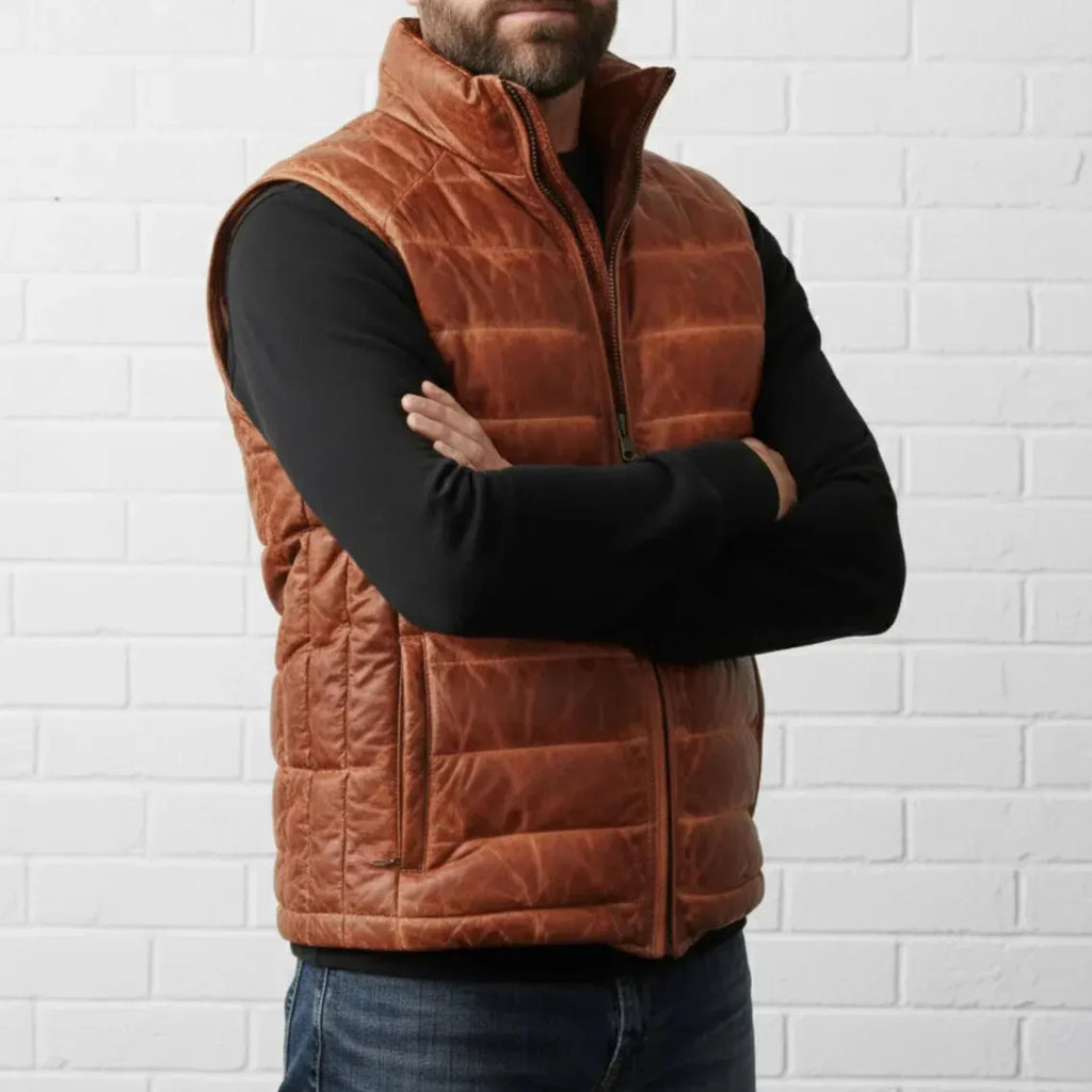 Men’s Cognac Brown Leather Puffer Vest – Premium Quilted Insulated Outerwear Duazan
