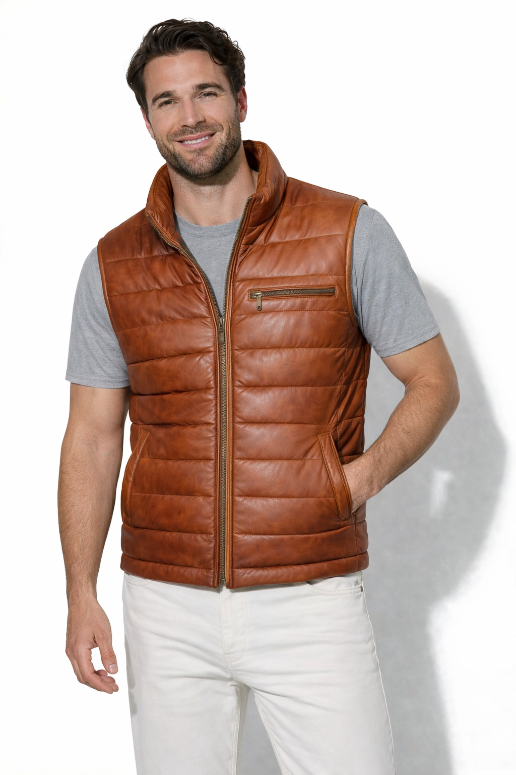 Men’s Cognac Brown Leather Puffer Vest – Premium Quilted Insulated Outerwear Duazan