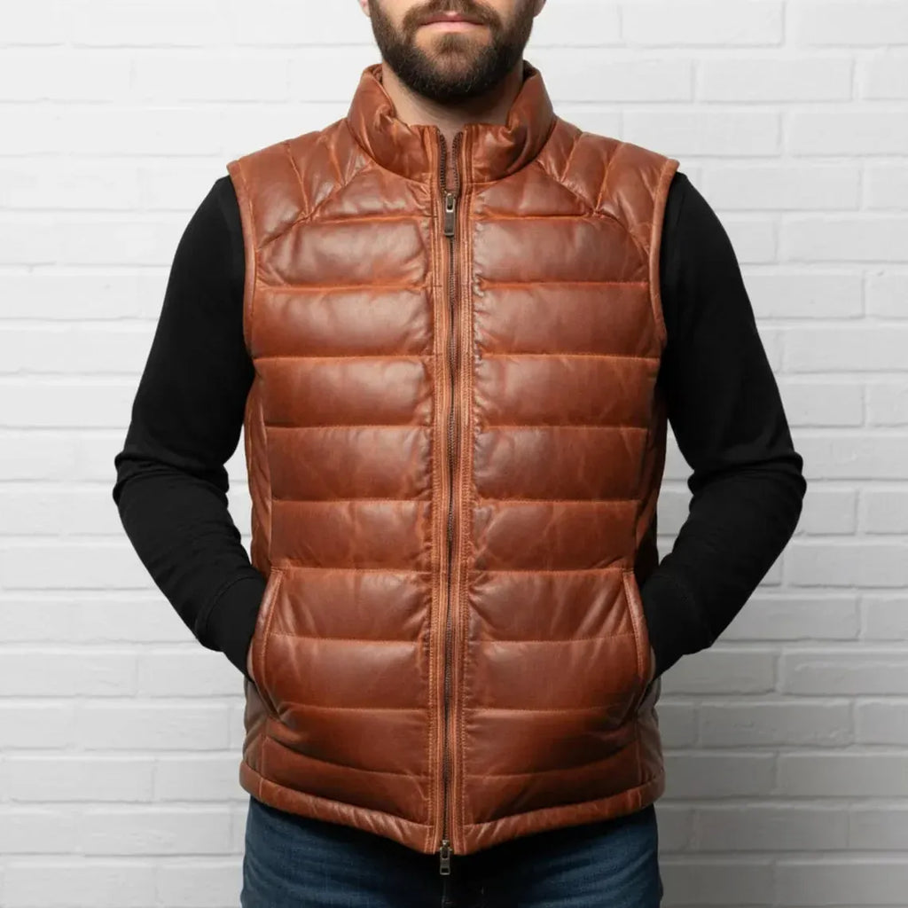 Men’s Cognac Brown Leather Puffer Vest – Premium Quilted Insulated Outerwear Duazan