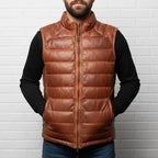 Men’s Cognac Brown Leather Puffer Vest – Premium Quilted Insulated Outerwear Duazan