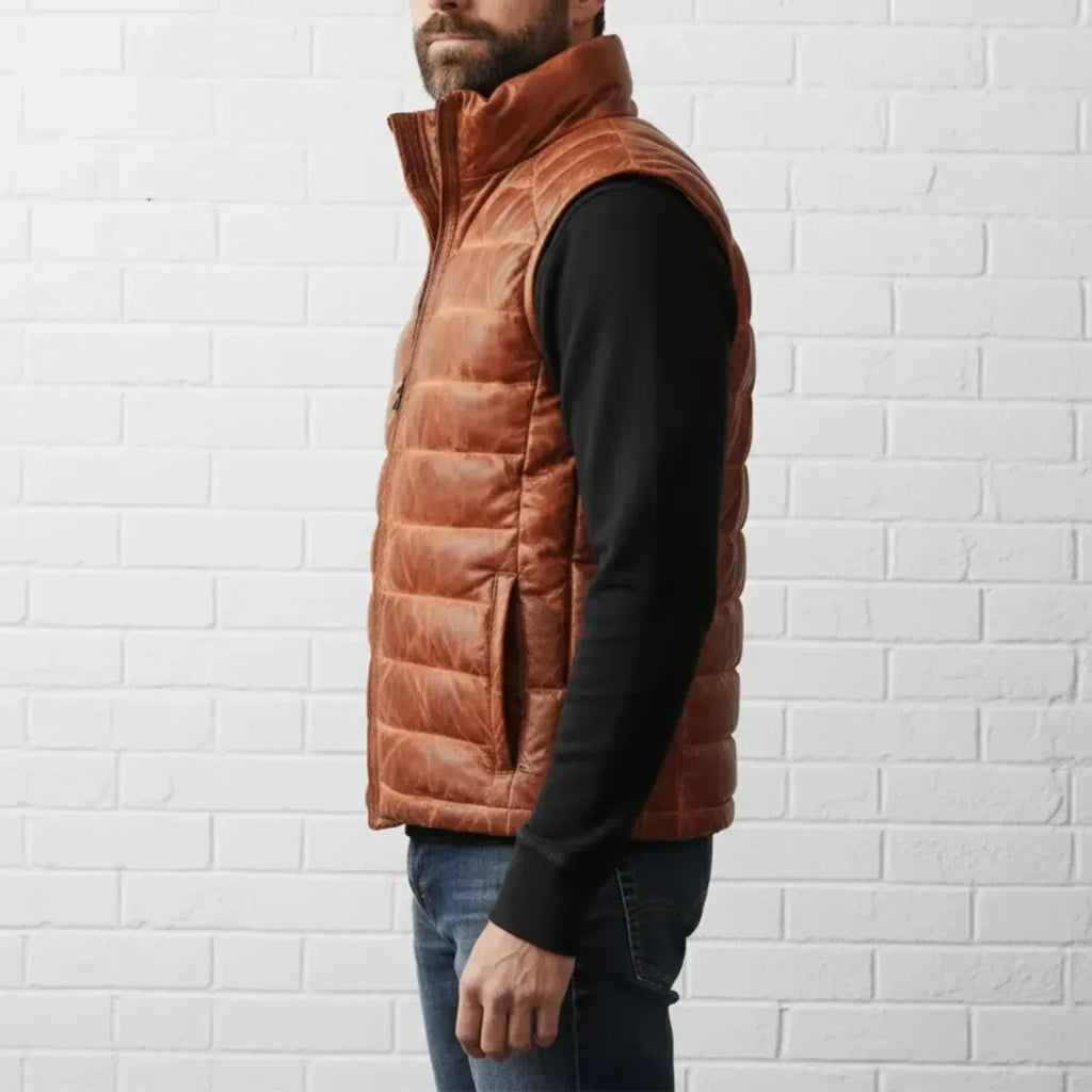 Leveljacket Men’s Cognac Brown Leather Puffer Vest – Premium Quilted Insulated Outerwear Duazan