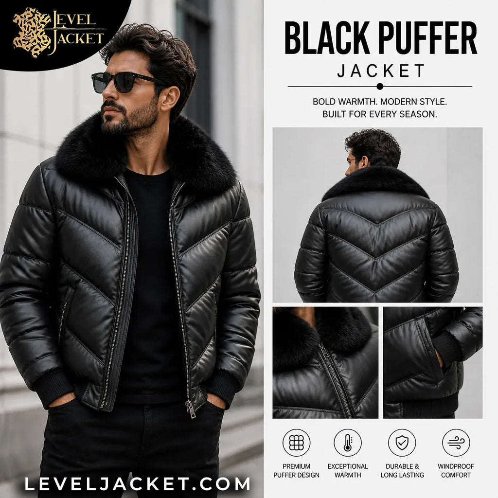 Leveljacket Genuine Leather Puffer Jacket with Plush Fur Collar