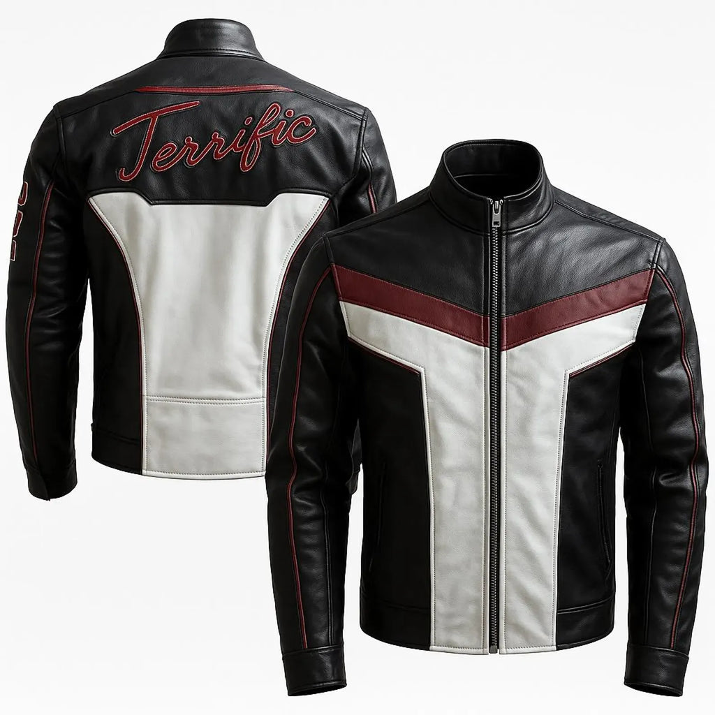 Leveljacket Mr. Terrific Inspired Black White & Red Leather Jacket — "Fair Play" Handcrafted DC Superhero Cosplay Biker Jacket - Leveljacket