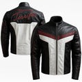 Leveljacket Mr. Terrific Inspired Black White & Red Leather Jacket — "Fair Play" Handcrafted DC Superhero Cosplay Biker Jacket - Leveljacket