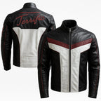 Leveljacket Mr. Terrific Inspired Black White & Red Leather Jacket — "Fair Play" Handcrafted DC Superhero Cosplay Biker Jacket - Leveljacket