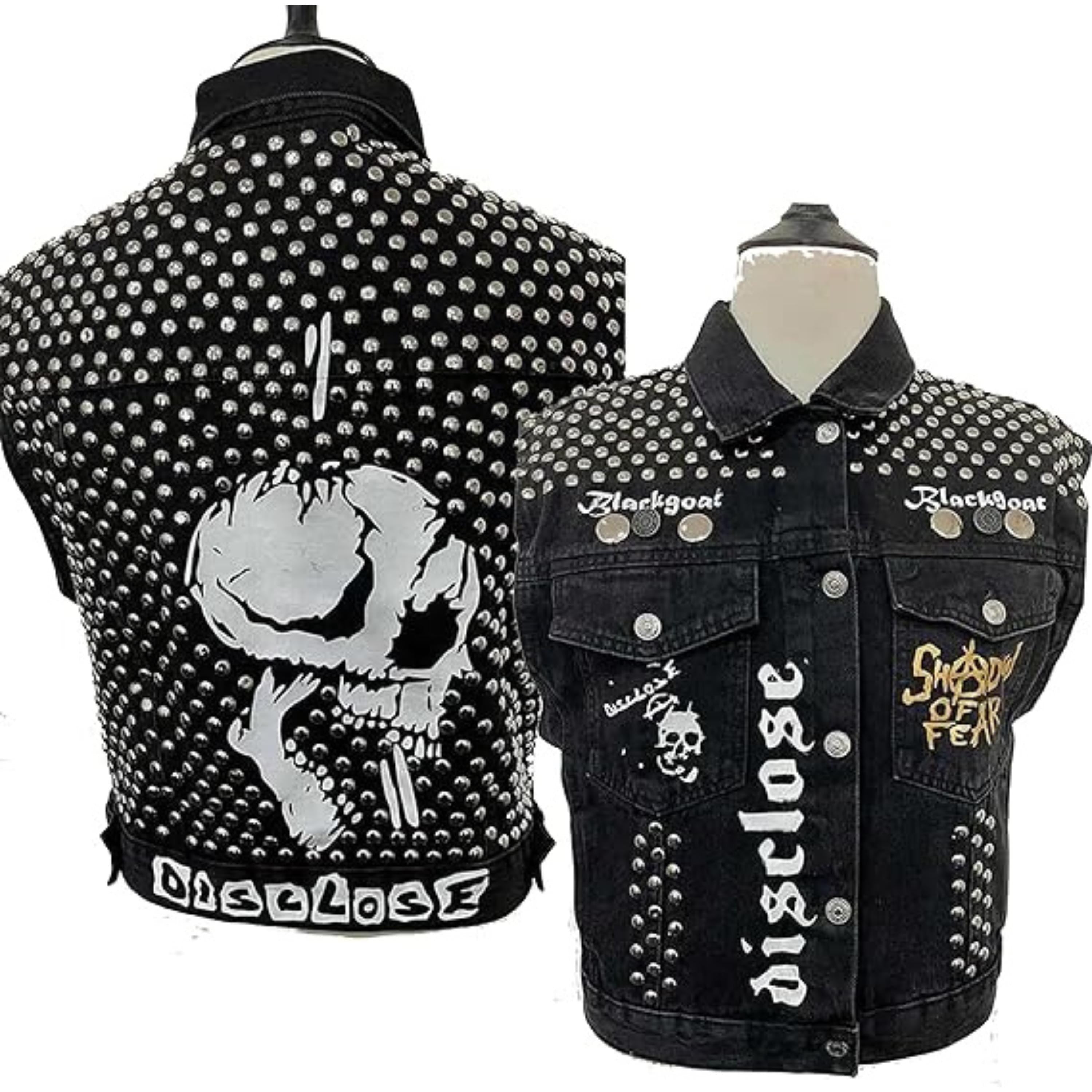 Black Punk Rock Studded Denim Vest | Handcrafted Heavy Metal Skull