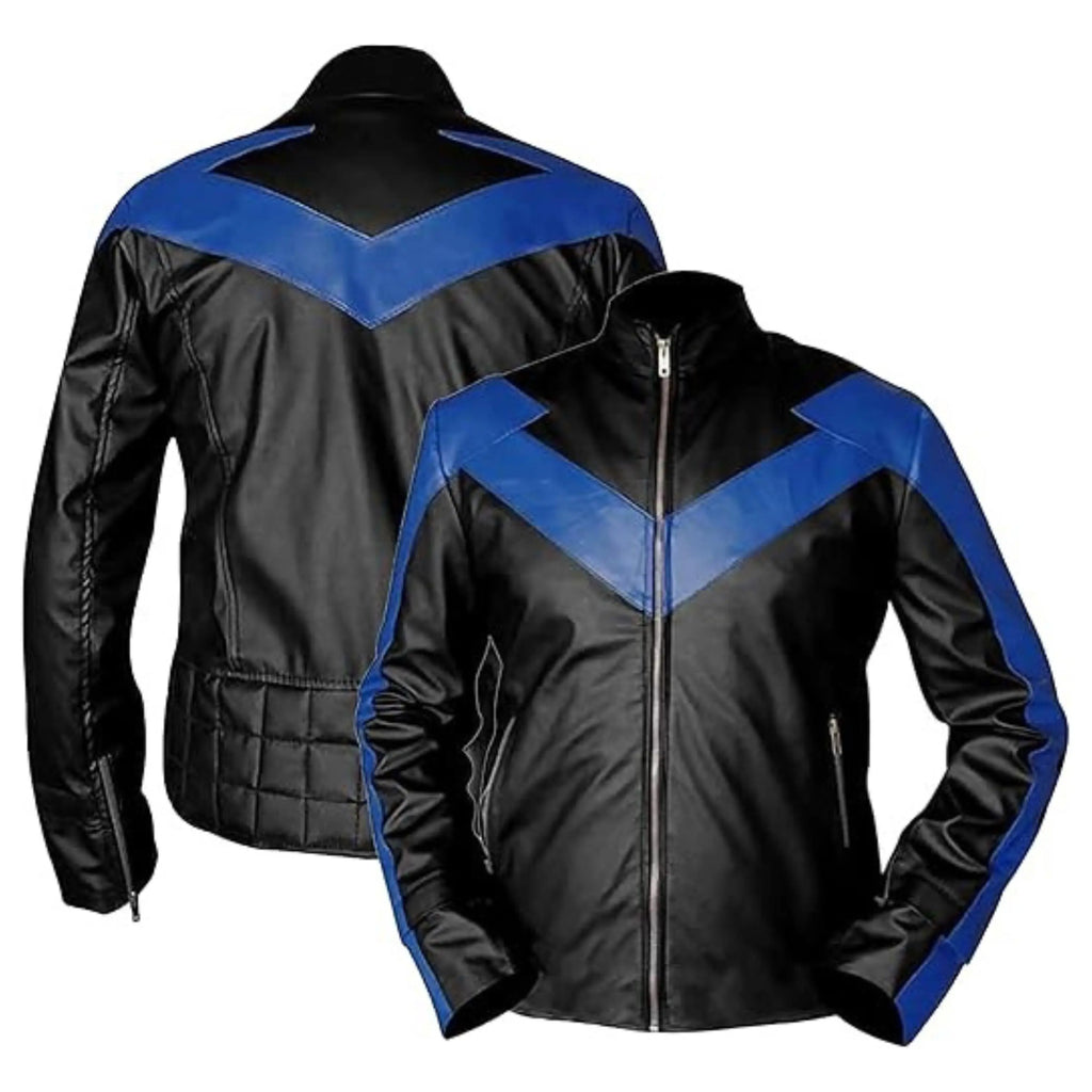 Front and back catalog views of the Leveljacket Nightwing black leather jacket showcasing a prominent electric blue V-shaped bird emblem across the chest and back shoulders, zippered cuffs, a stand-up collar, and a unique square-quilted lower back panel.