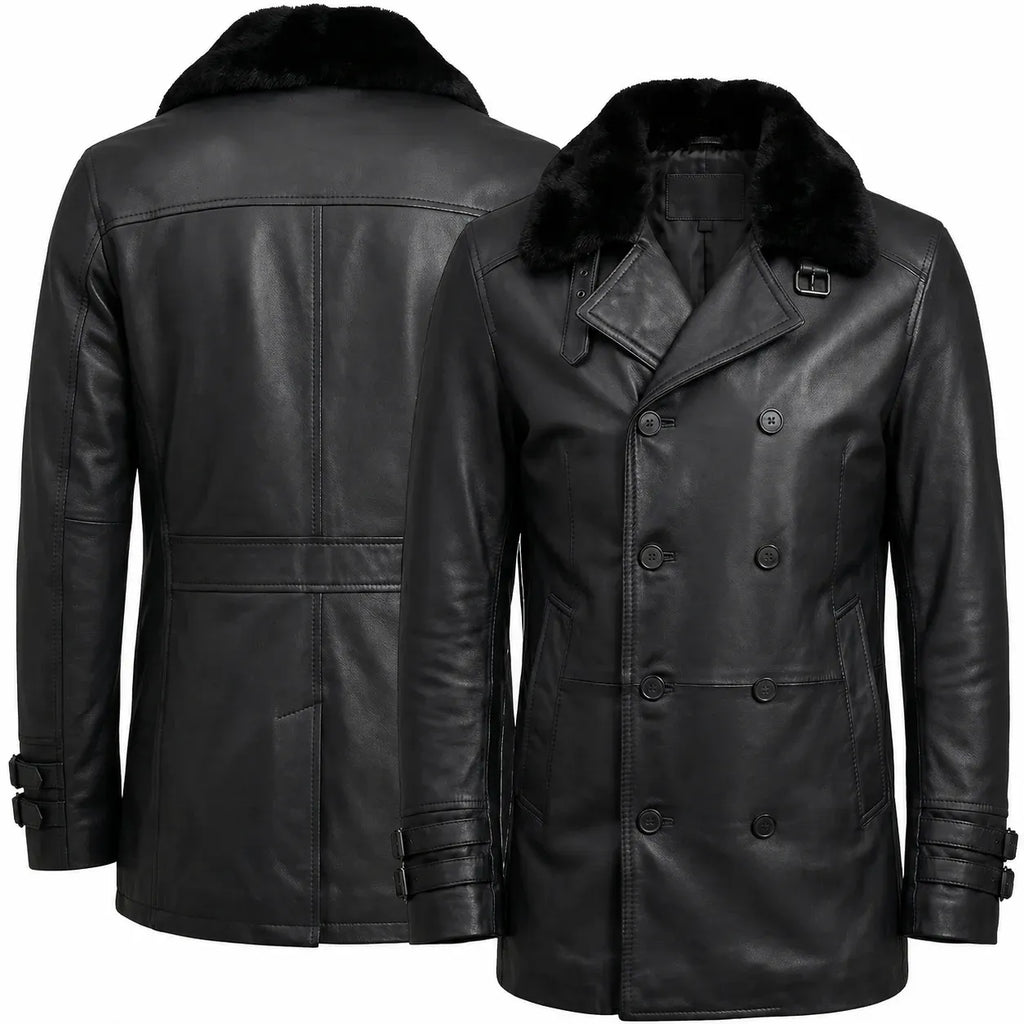 Leveljacket Leon S. Kennedy Black Leather Jacket — RE 9 Inspired Handcrafted Shearling Collar Coat