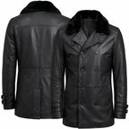 Leveljacket Leon S. Kennedy Black Leather Jacket — Resident Evil 9 Inspired Handcrafted Shearling Collar Coat