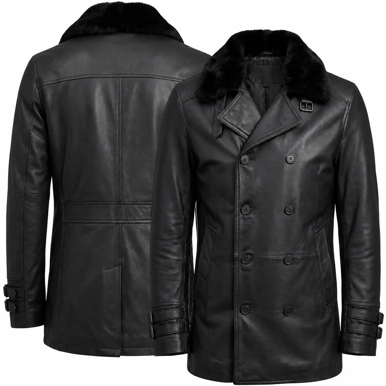 Leveljacket Leon S. Kennedy Black Leather Jacket — Resident Evil 9 Inspired Handcrafted Shearling Collar Coat