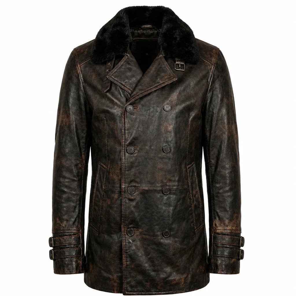 Leveljacket Leon S. Kennedy Black Leather Jacket — RE 9 Inspired Handcrafted Shearling Collar Coat