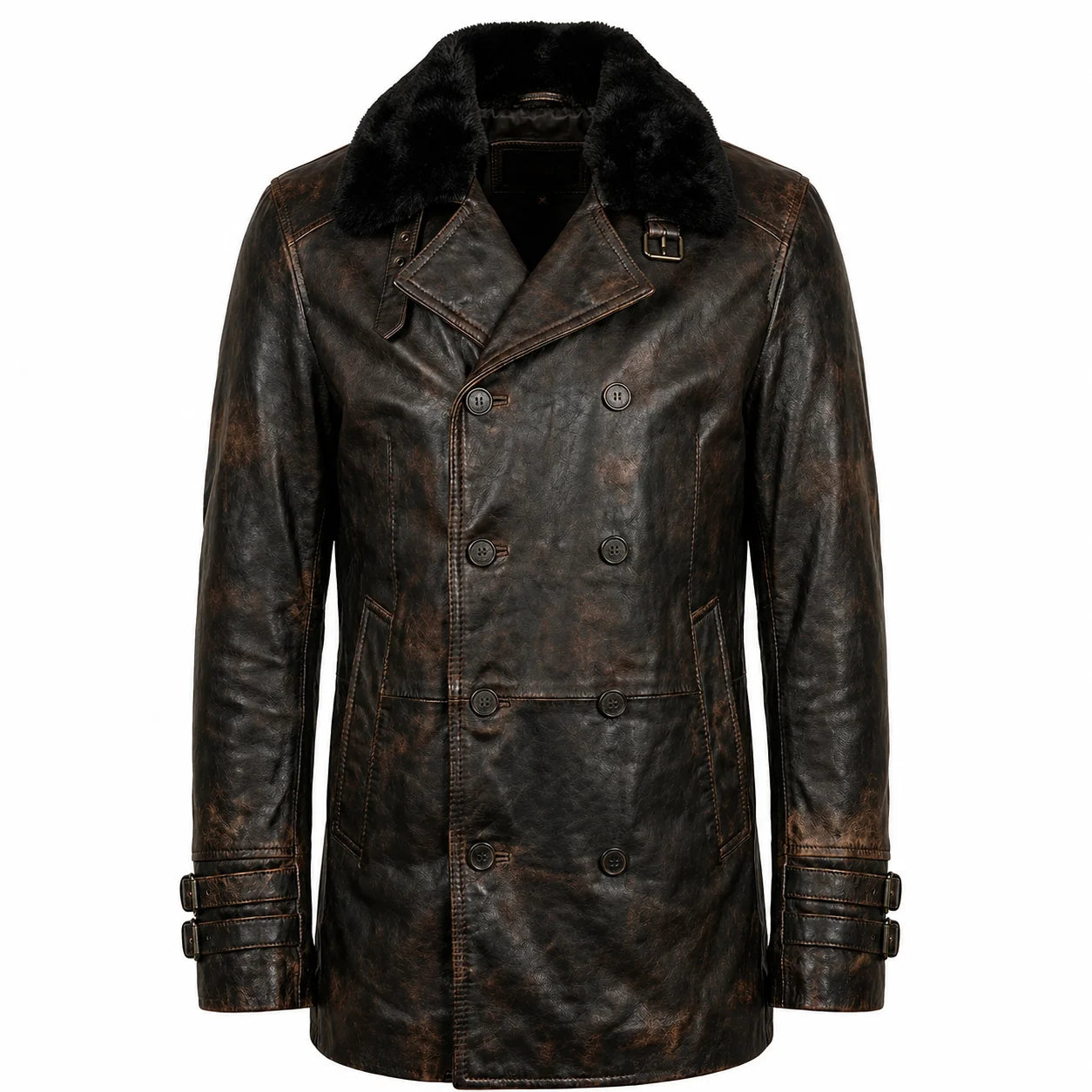 Leveljacket Leon S. Kennedy Black Leather Jacket — Resident Evil 9 Inspired Handcrafted Shearling Collar Coat