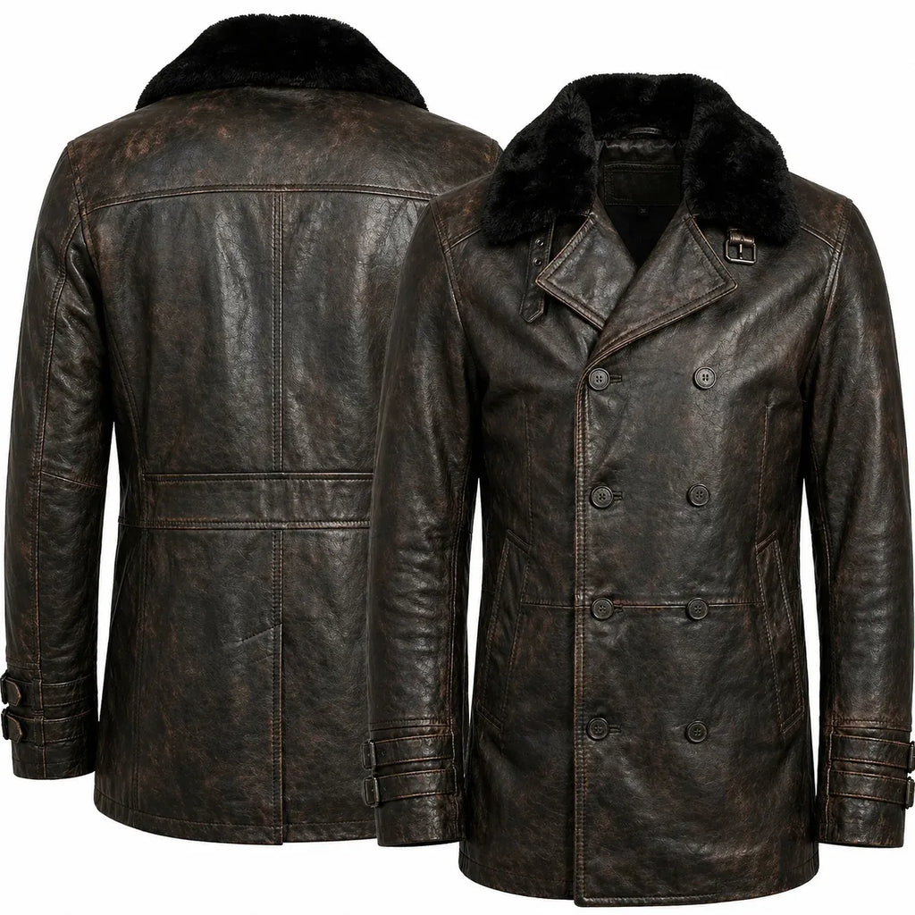 Leveljacket Leon S. Kennedy Black Leather Jacket — RE 9 Inspired Handcrafted Shearling Collar Coat