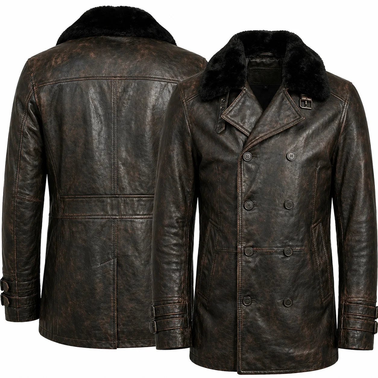 Leveljacket Leon S. Kennedy Black Leather Jacket — Resident Evil 9 Inspired Handcrafted Shearling Collar Coat