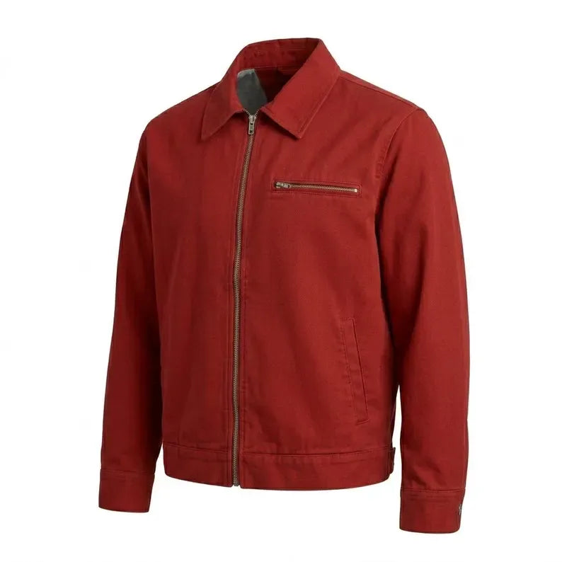 SIde view of the Leveljacket Crimson Red cotton utility jacket showcasing a pointed turn-down collar, metallic front zipper, a horizontal zippered left chest pocket, and a clean minimalist back panel design.