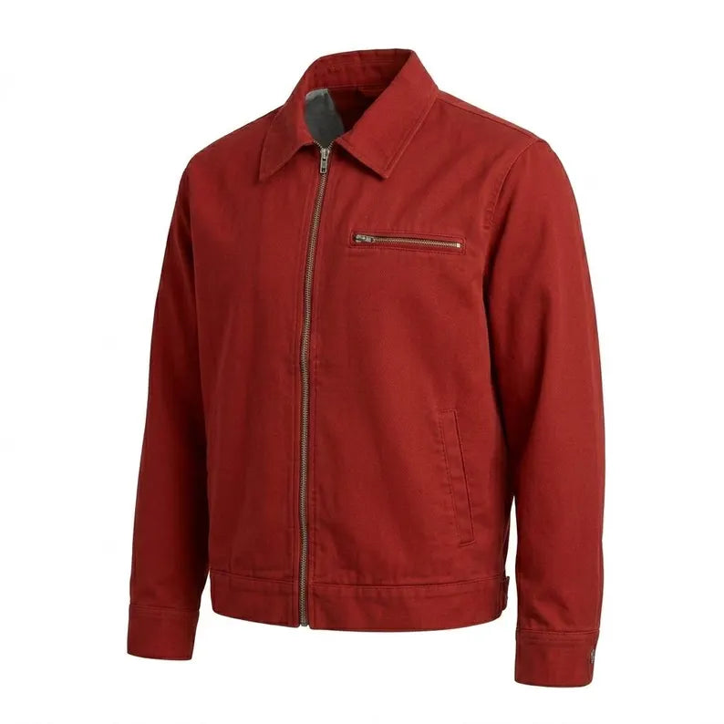 SIde view of the Leveljacket Crimson Red cotton utility jacket showcasing a pointed turn-down collar, metallic front zipper, a horizontal zippered left chest pocket, and a clean minimalist back panel design.