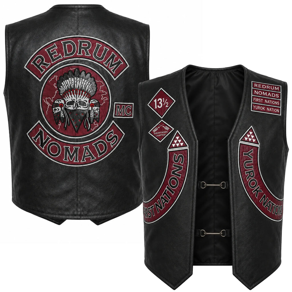 Black faux-leather vest shown from the front and back, featuring red and white embroidered graphics including 'RED DRUM NOMADS', a central skull emblem, and decorative patches on the sleeves.