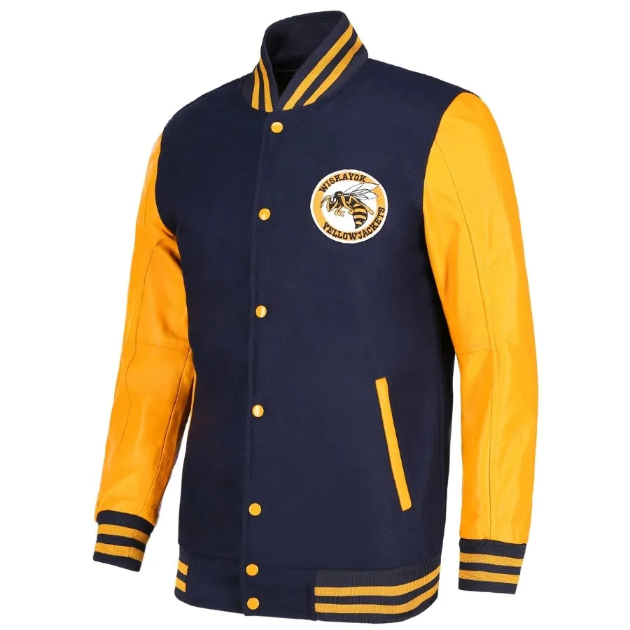 Navy and yellow varsity jacket with a logo on a white background