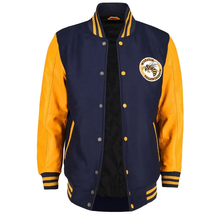 Navy and yellow varsity jacket with a logo on a white background