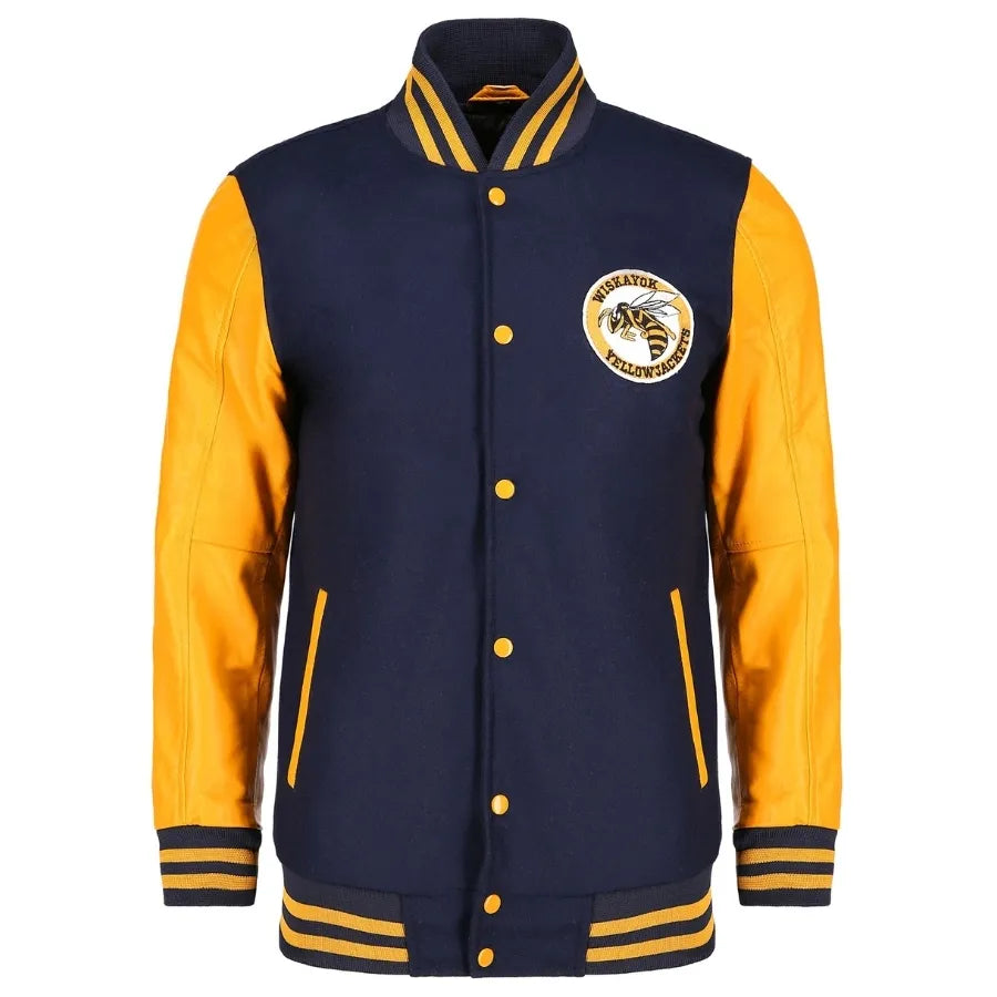 Navy and yellow varsity jacket with a logo on a white background