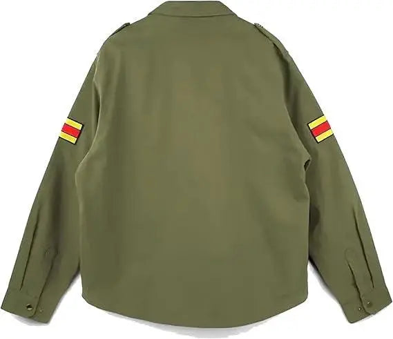 army jacket A promotional graphic for the Leveljacket Silent Hill 2 James Jacket showcasing a model wearing the green cotton field coat on the left, a back view panel on the upper right, and close-up panels of the game-accurate embroidered American flag, text patches, and yellow-red sleeve stripes on the lower right.