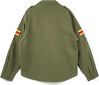 army jacket A promotional graphic for the Leveljacket Silent Hill 2 James Jacket showcasing a model wearing the green cotton field coat on the left, a back view panel on the upper right, and close-up panels of the game-accurate embroidered American flag, text patches, and yellow-red sleeve stripes on the lower right.