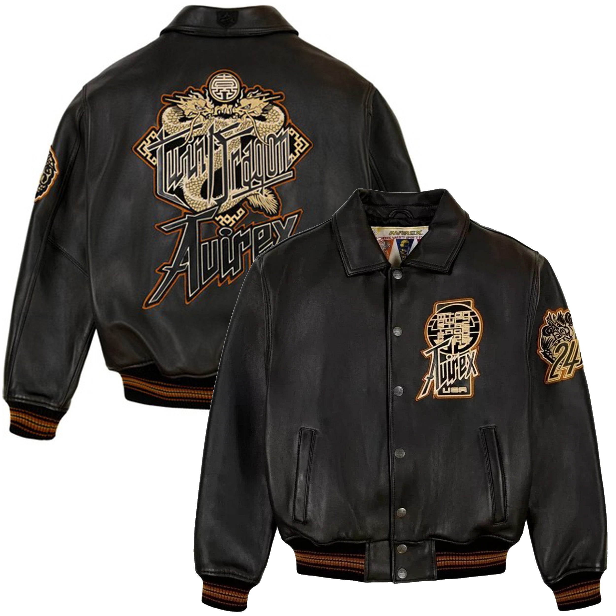 Men's Black Leather Varsity Jacket — Avirex Inspired Dragon Embroidered Bomber Jacket | Leveljacket