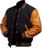 Duazan Men’s Black Wool Varsity Jacket with Brown Leather Sleeves – Classic Letterman Style - Duazan