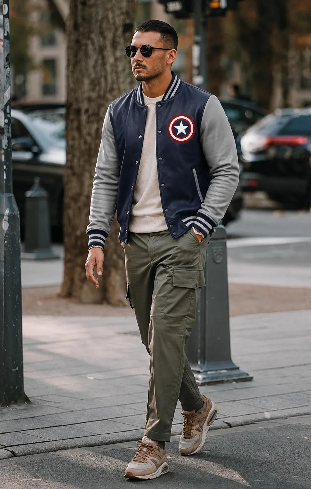 Man wearing a navy bomber jacket with a Captain America logo, gray sweater, beige pants, and brown shoes on a city street.
