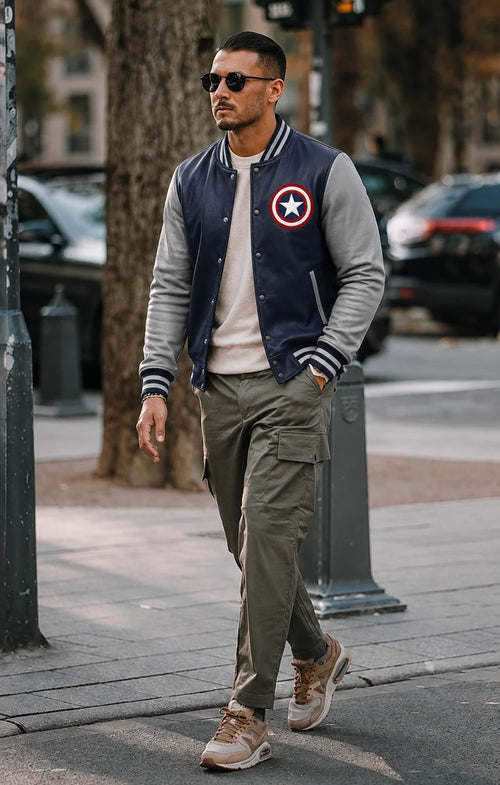 Man wearing a navy bomber jacket with a Captain America logo, gray sweater, beige pants, and brown shoes on a city street.