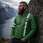 Leveljacket Ben10 Edition Real Leather Cosplay Moto Biker Jacket with White Racing Stripe and 10 Patch