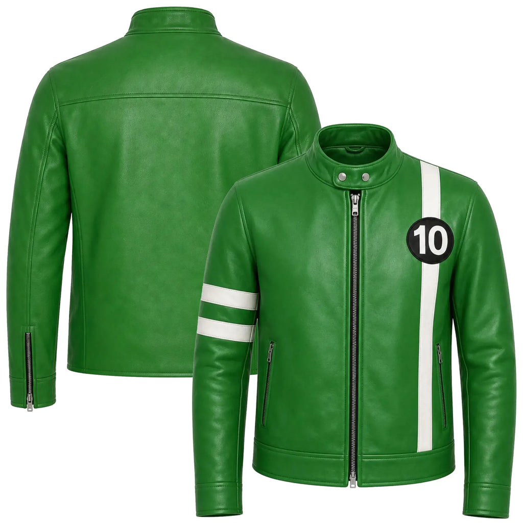 LevelJacket Ben10 Edition green leather biker jacket front and back view with white racing stripe and 10 patch