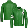 Front and back views of Leveljacket Hero 10 green leather moto jacket featuring a white vertical chest stripe, black '10' patch, dual sleeve stripes, and zippered cuffs.