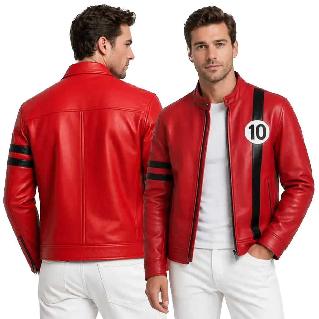 LevelJacket Ben10 Edition red leather biker jacket front and back view with white racing stripe and 10 patch
