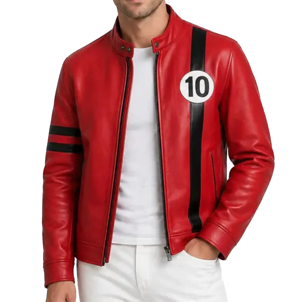 LevelJacket Ben10 Edition red leather jacket front view showing cafe racer collar and 10 patch