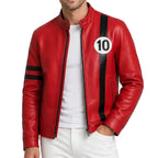 Front view of Leveljacket Hero 10 green leather biker jacket with a mandarin snap collar, vertical white chest stripe, and an authentic embroidered black and white '10' numeral patch.