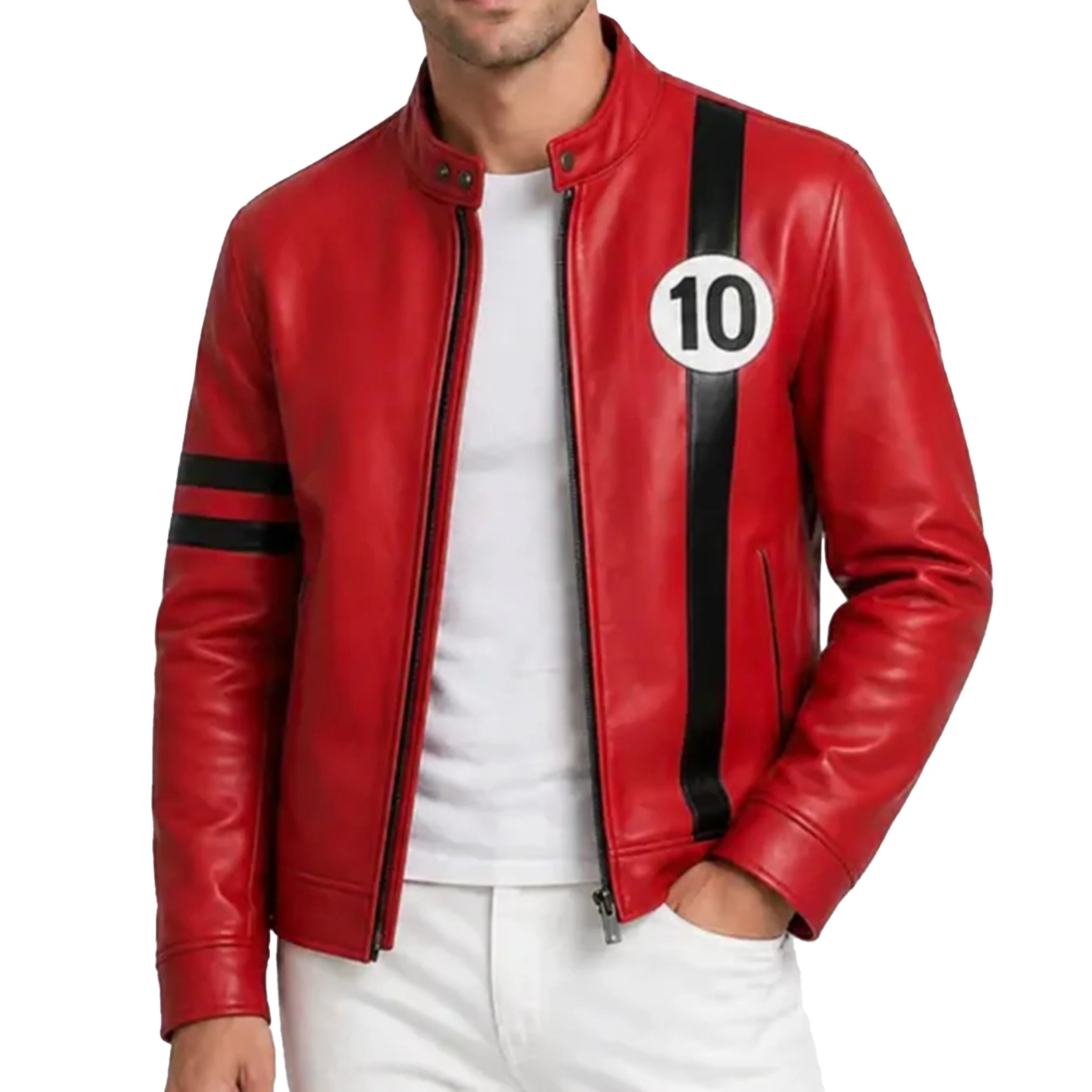 Front view of Leveljacket Hero 10 green leather biker jacket with a mandarin snap collar, vertical white chest stripe, and an authentic embroidered black and white '10' numeral patch.