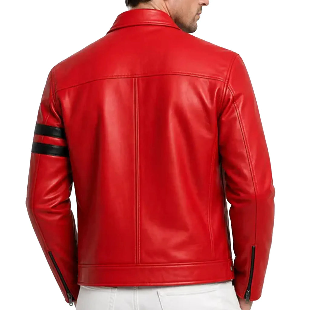 LevelJacket Ben10 Edition red leather jacket back view showing zippered cuffs and stitching