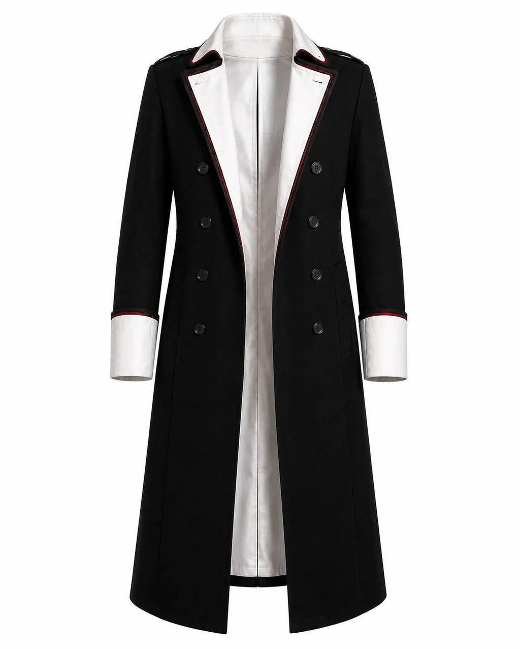 Black coat with white trim on a mannequin against a white background