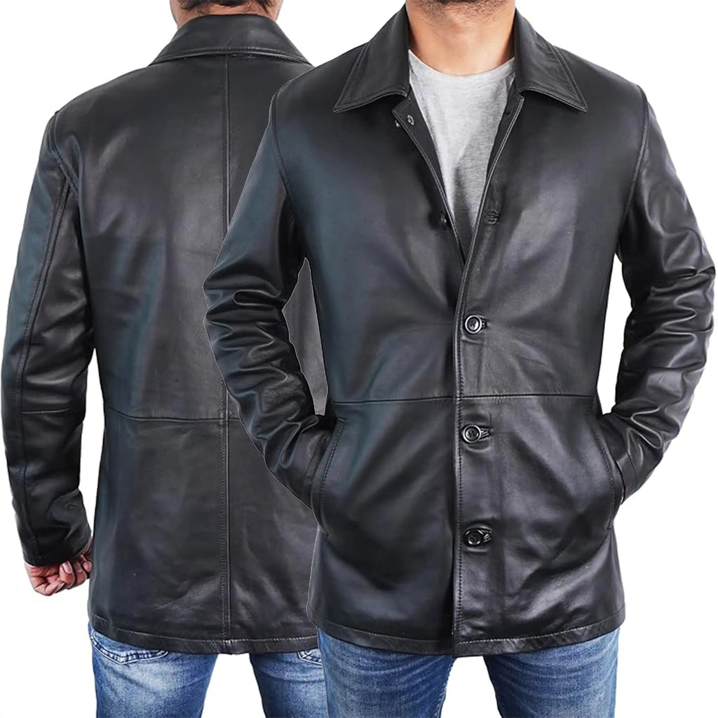 Duazan Men’s Brown Black  Lambskin Leather Car Coat for Men Duazan