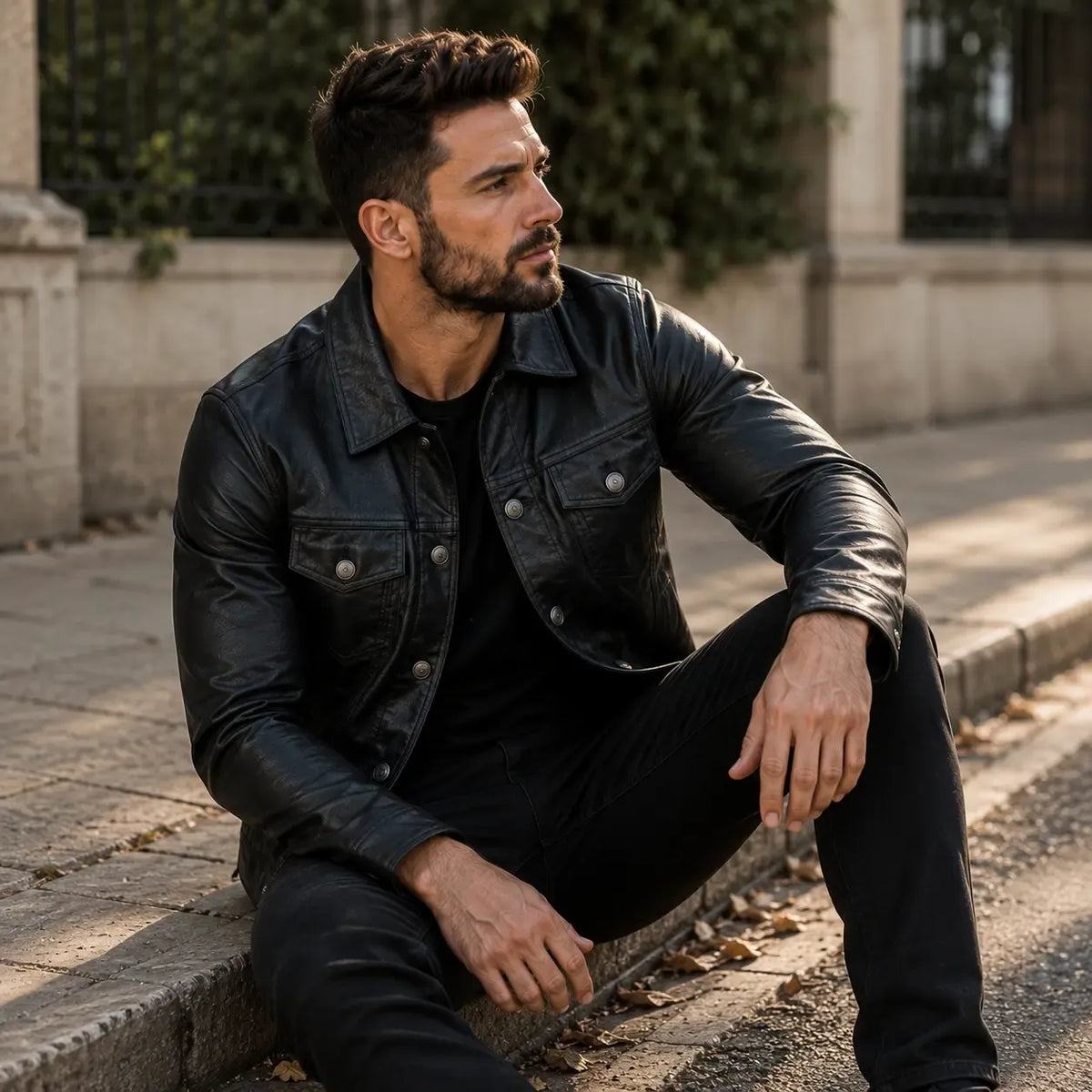 Men's Black Lambskin Leather Trucker Jacket | Vintage Style