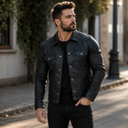 Men's Black Lambskin Leather Trucker Jacket | Vintage Style