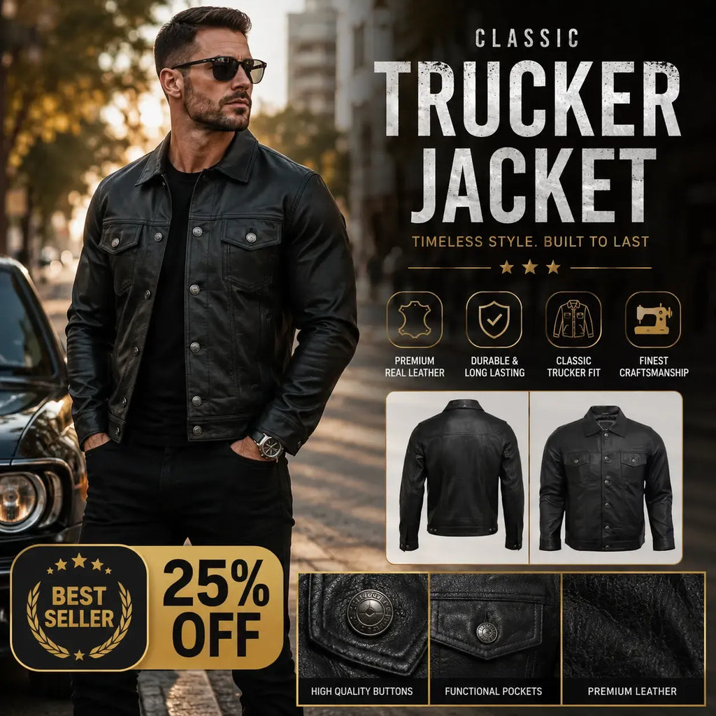 Men's Black Lambskin Leather Trucker Jacket | Vintage Style