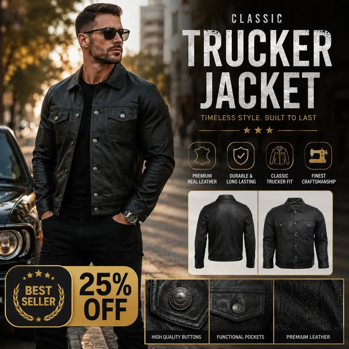 Men's Black Lambskin Leather Trucker Jacket | Vintage Style