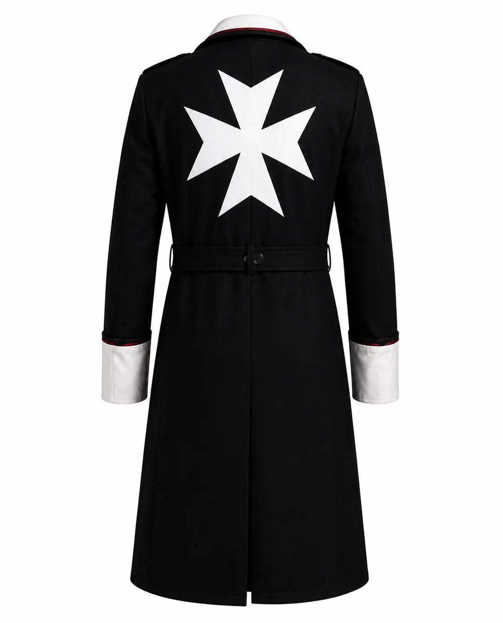 Black coat with a white cross on the back against a white background