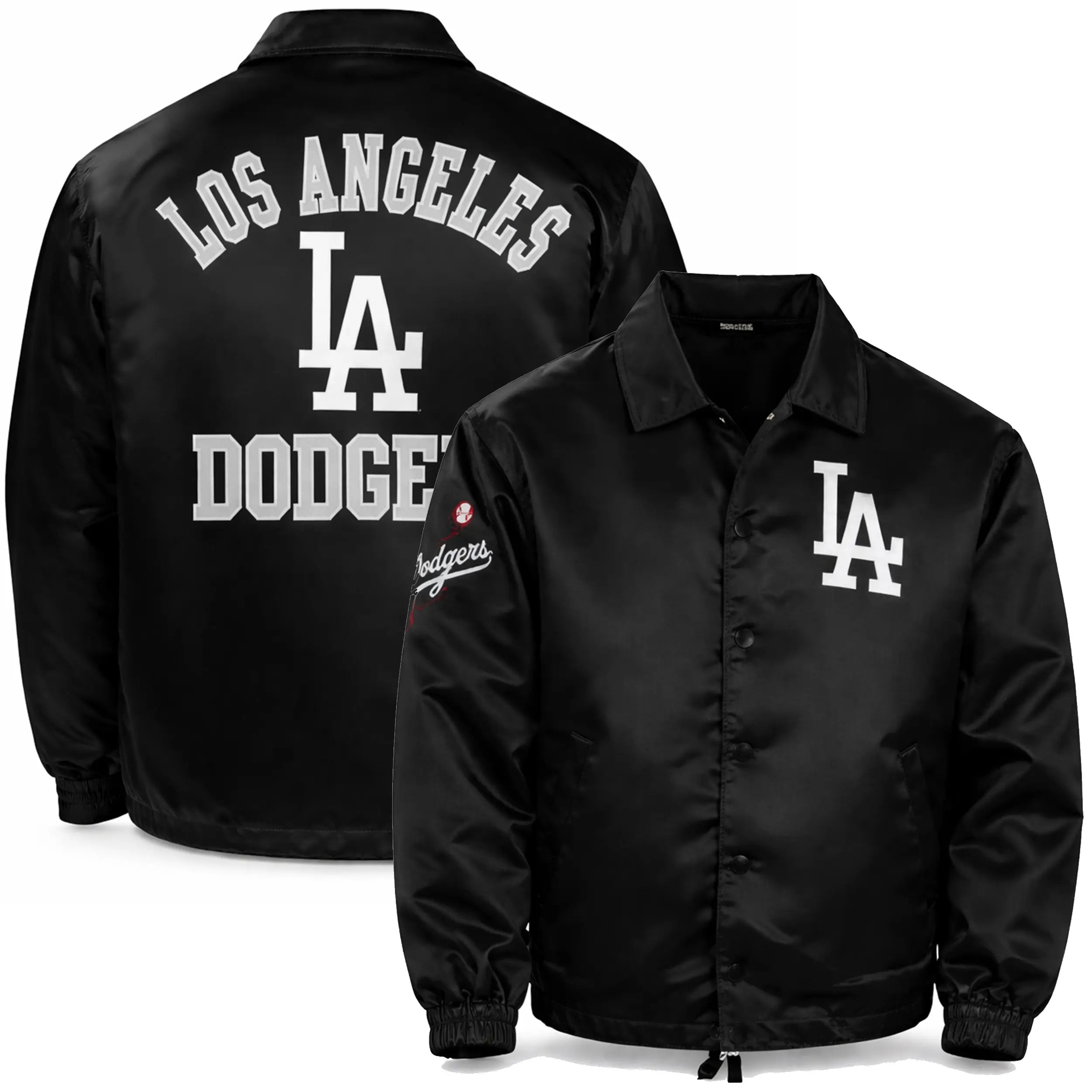 Men's LA Dodgers Satin Dugout Coach Jacket — Los Angeles Baseball Fan Jacket in Black & Royal Blue | Leveljacket - Leveljacket