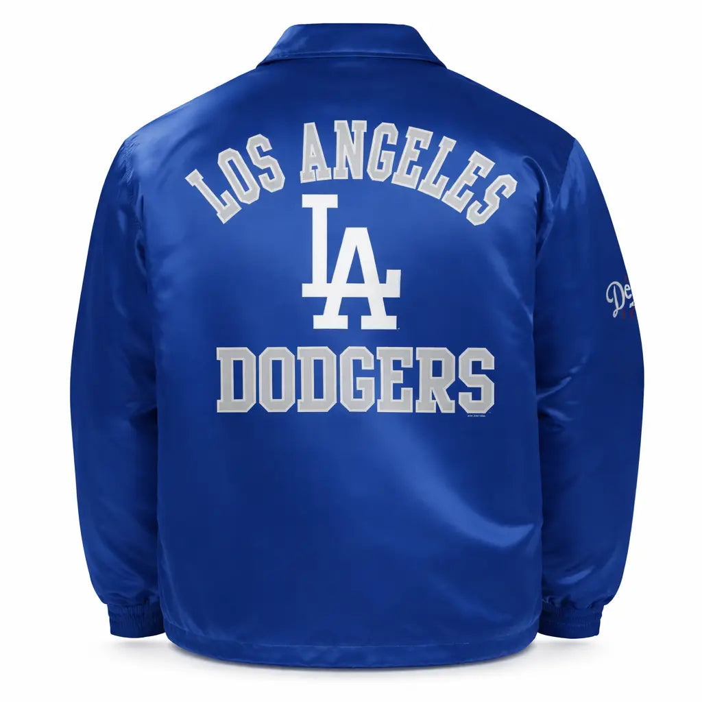 Men's LA Dodgers Satin Dugout Coach Jacket — Los Angeles Baseball Fan Jacket in Black & Royal Blue | Leveljacket - Leveljacket
