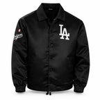 Men's LA Dodgers Satin Dugout Coach Jacket — Los Angeles Baseball Fan Jacket in Black & Royal Blue | Leveljacket - Leveljacket